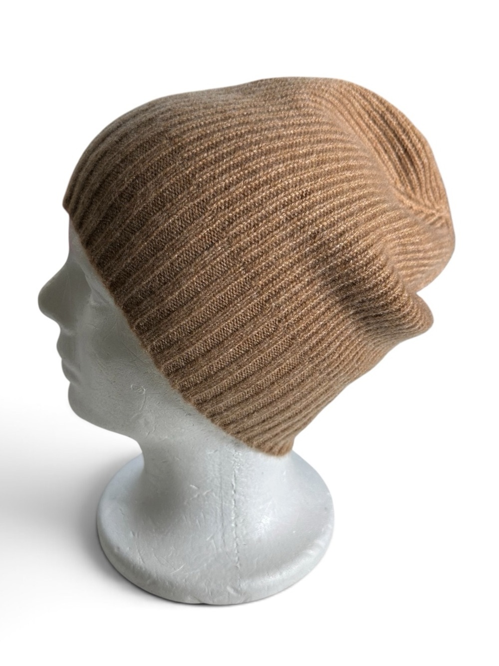 Nordstrom Recycled Cashmere Blend Ribbed Slouchy Beanie Hat Heathered Camel NWOT - Picture 2 of 5